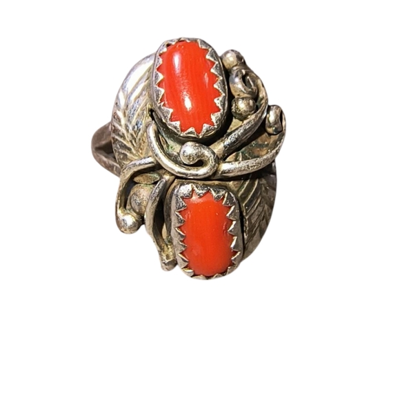 Vintage Native American Red Coral Split Shank Ring Small Size - Picture 2 of 12